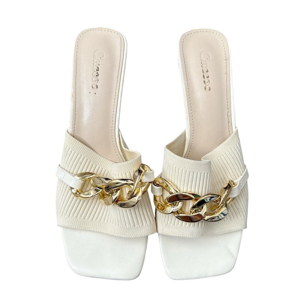 CUCCOO Womens Size EUR 38 US 7 White Slip On Chain Decor Knit Heeled Mules Shoes